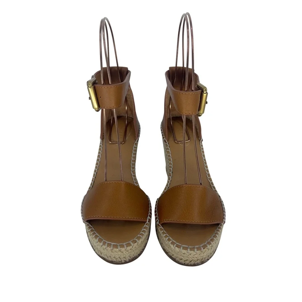 See by Chloe Glyn Leather Espadrille Wedge Sandals Brown Size 36